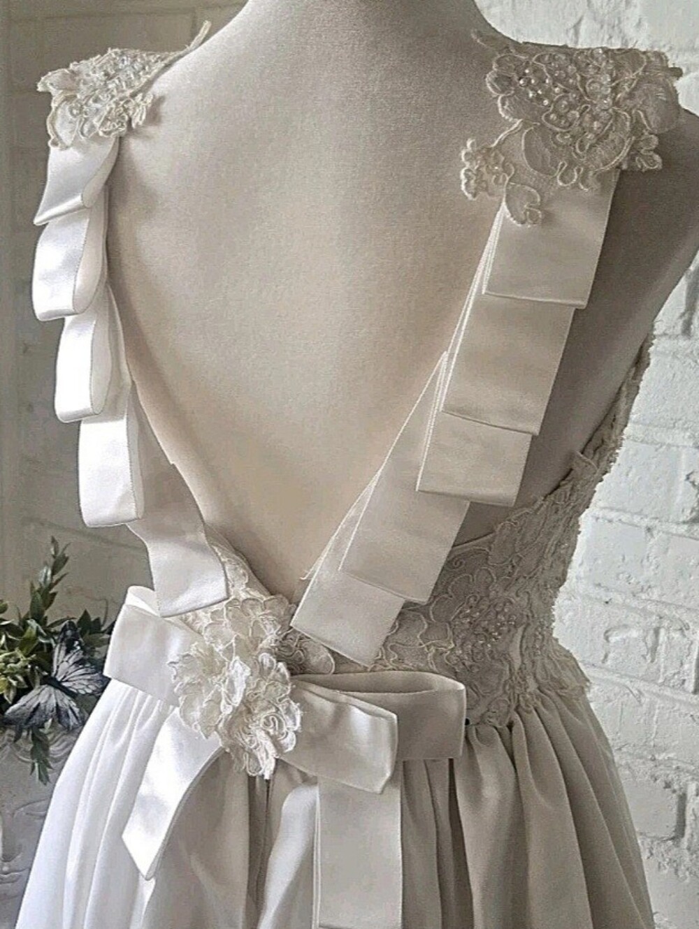 Vtg 90s Ron LoVece Silk Satin Wedding Gown, Flower Appliqué